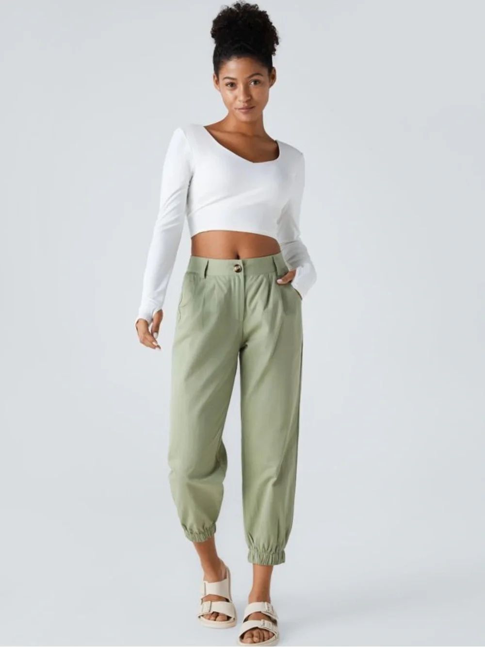 Halara Mid Rise Casual Joggers w/ Pockets, Laurel Green, 100% cotton sz S petite